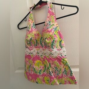 VINTAGE 90’s Lilly Pulitzer Millionare’s Row Pink Green V Neck Halter Top Sz 2